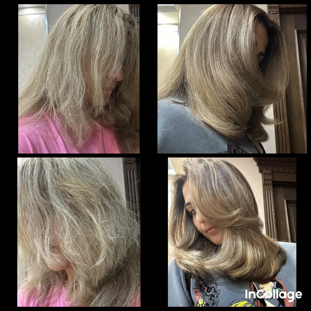 Коллаж из фотографий волос до и после окрашивания с укладкой